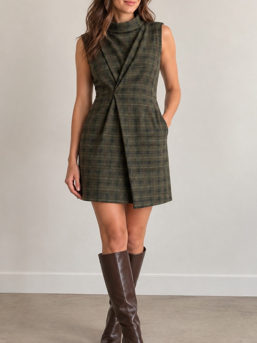 THML Olive Green Plaid Sleeveless Draped Dress Pockets Size M